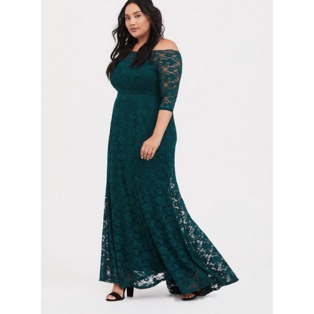 Torrid Emerald Green Maxi Floral Lace Off Shoulder Gown Dress NWT Plus Size 20 - Picture 2 of 5